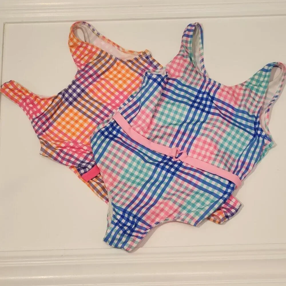 Pink Platinum Girls Swimsuits -Lot of 2- Scoop Neck Belted Plaid - Size 10/12